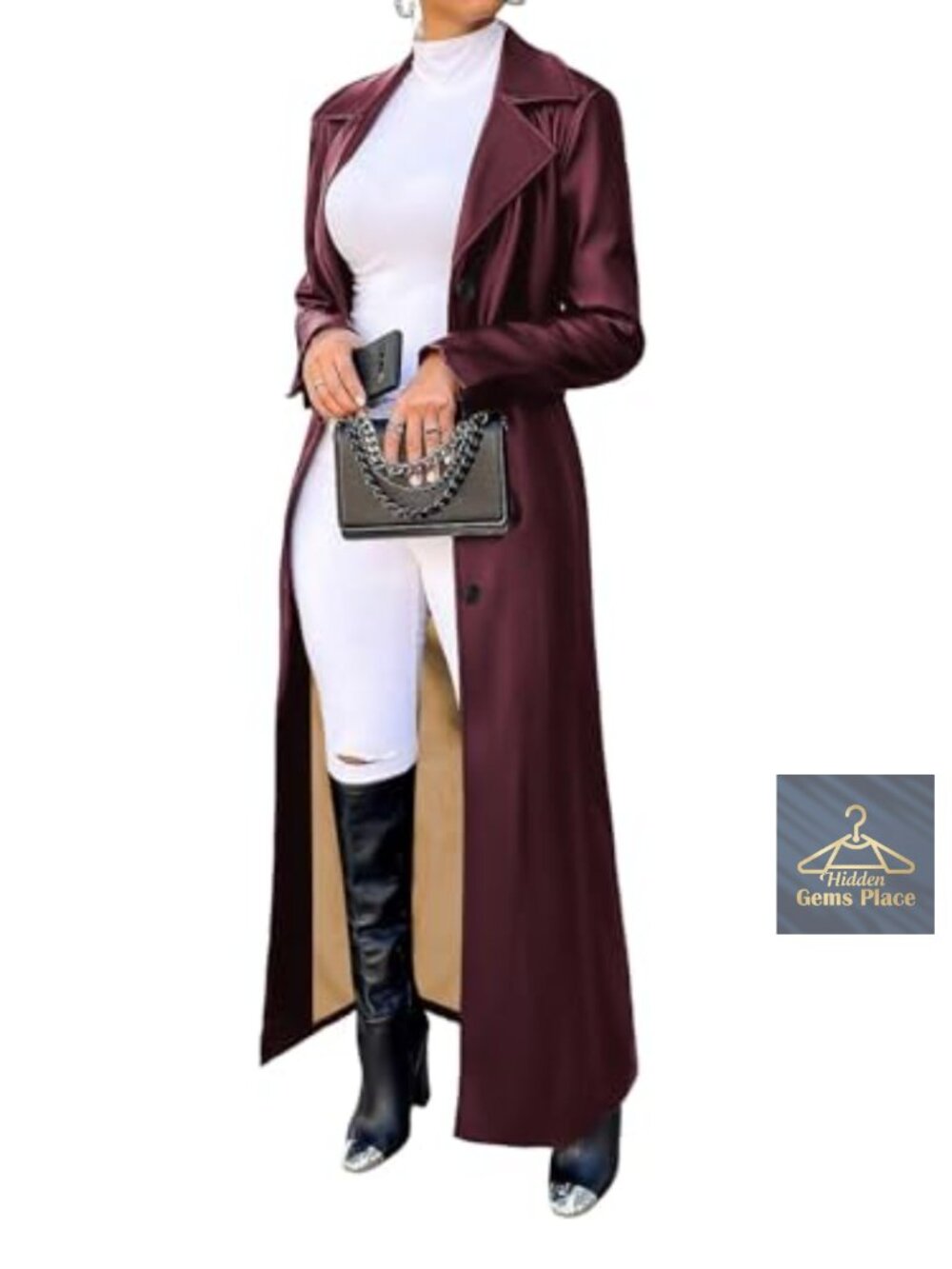 Faux Leather Long Trench Coat Lapel Collar Button Down Maxi Duster Jacket